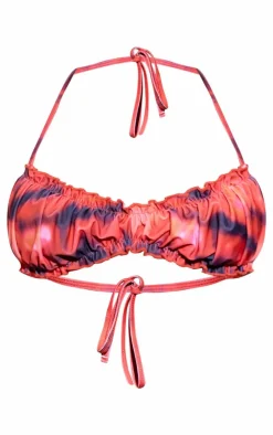 Red Tie Dye Ruched Frill Bikini Top