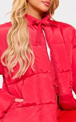 Red Tied Bow Detail Puffer Jacket