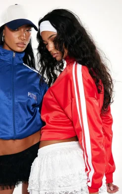 Red Tricot Sports Stripe Zip Through Top