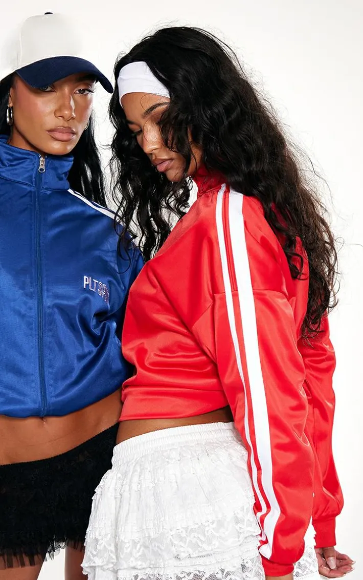 Red Tricot Sports Stripe Zip Through Top