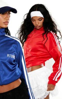 Red Tricot Sports Stripe Zip Through Top