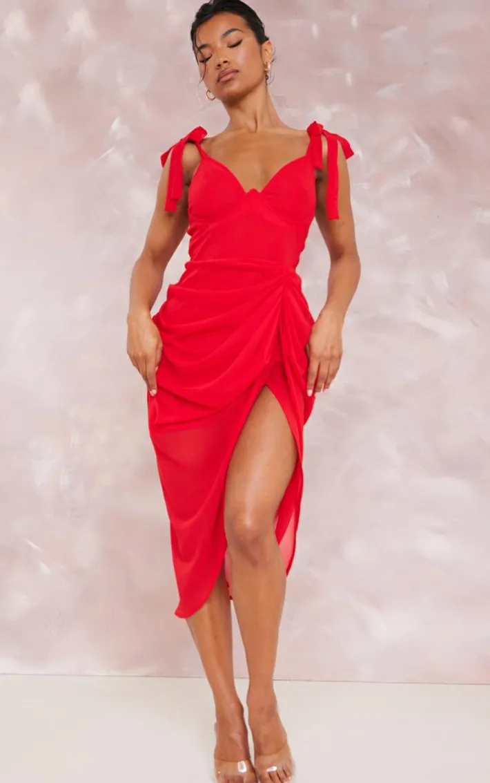 Red Underwire Detail Draped Midi Dress