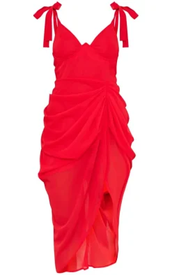 Red Underwire Detail Draped Midi Dress