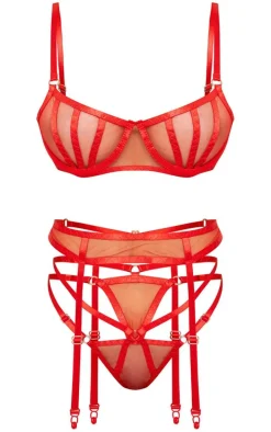 Red Underwired Binding Mesh 3 Piece Lingerie Set