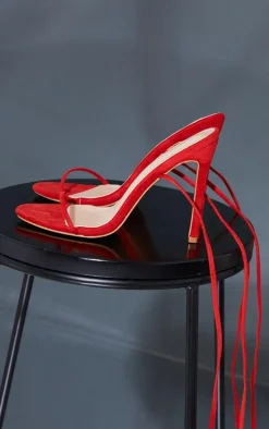 Red Wide Fit Faux Suede Round Toe Barely There Strappy Heeled Sandals