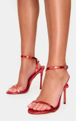 Red Wide Fit Metallic PU Round Toe Barely There High Heeled Sandals