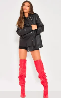 Red Wide Fit Pu Point Toe Over The Knee High Heeled Boots