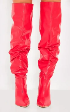 Red Wide Fit Pu Point Toe Over The Knee High Heeled Boots
