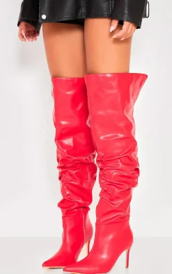 Red Wide Fit Pu Point Toe Over The Knee High Heeled Boots