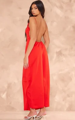 Red Woven Cami Backless Maxi Dress