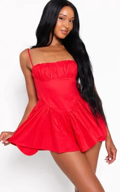 Red Woven Dipped Waist Strappy Romper