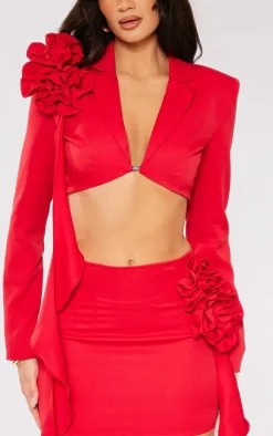 Red Woven Floral Applicate Frill Cropped Blazer
