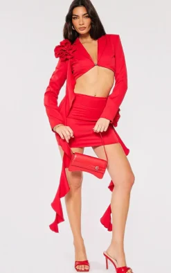 Red Woven Floral Applicate Frill Cropped Blazer