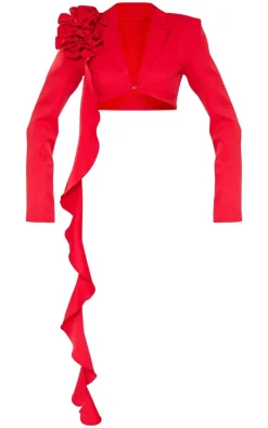 Red Woven Floral Applicate Frill Cropped Blazer
