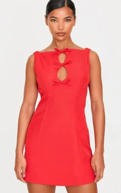 Red Woven High Neck Bow Mini Dress