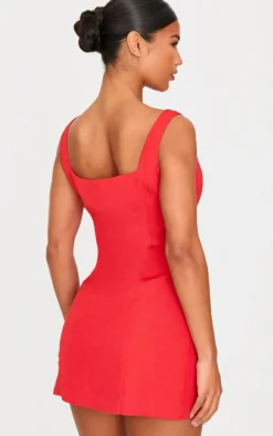 Red Woven High Neck Bow Mini Dress