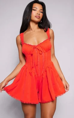 Red Woven Lace Detail Strappy Romper