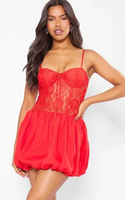 Red Woven Puffball Lace Mini Dress