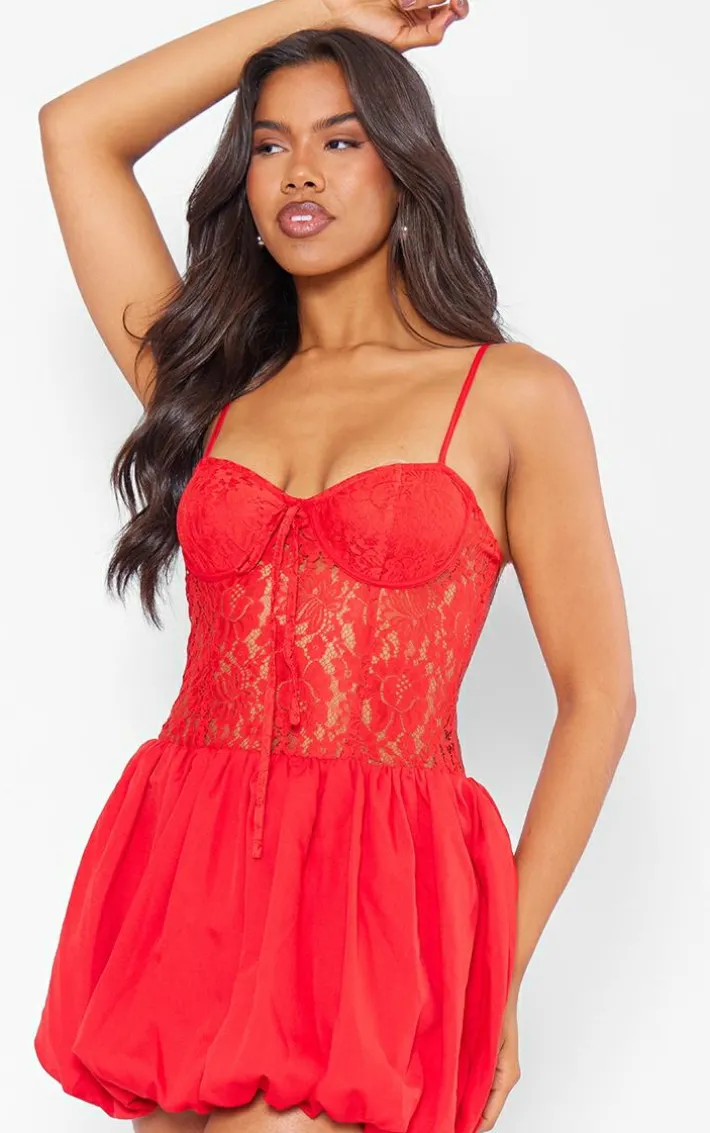 Red Woven Puffball Lace Mini Dress