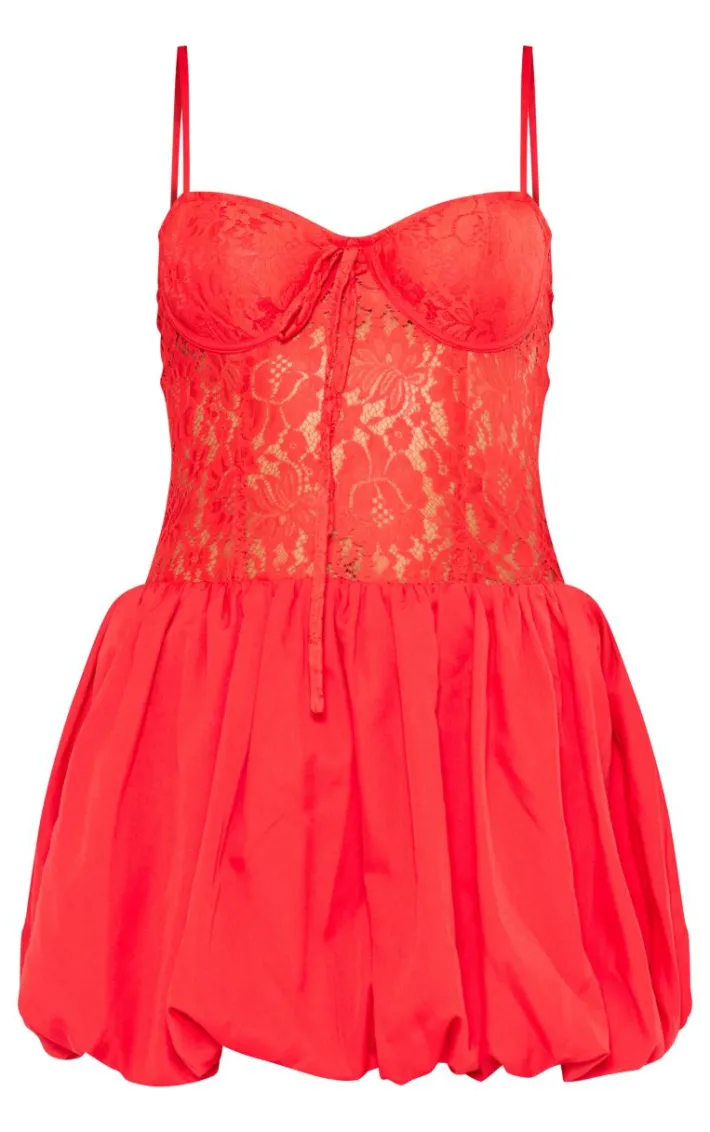 Red Woven Puffball Lace Mini Dress