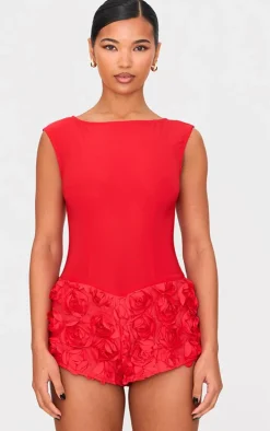 Red Woven Rose Applique Boat Neck Romper