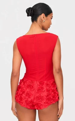 Red Woven Rose Applique Boat Neck Romper