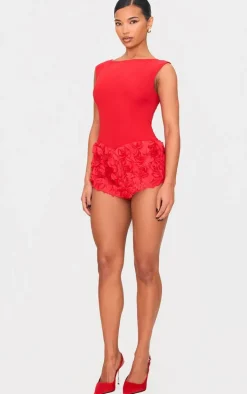 Red Woven Rose Applique Boat Neck Romper