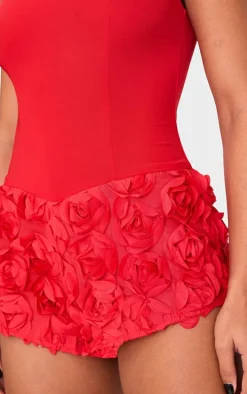 Red Woven Rose Applique Boat Neck Romper