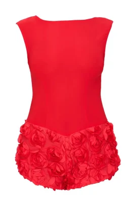 Red Woven Rose Applique Boat Neck Romper