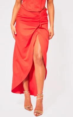 Red Woven Ruched Skirt Midaxi Skirt