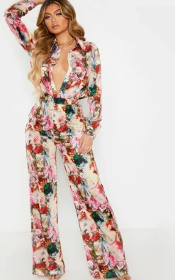 Rose Femme Renaissance Print Wide Leg Pants
