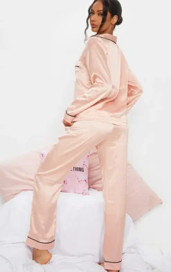 Rose Gold Contrast Piping Satin Long PJ Set