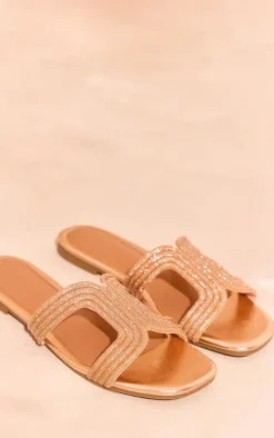 Rose Gold PU Round Toe Diamante Cross Strap Flat Sandals