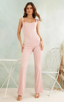 Rose Satin Embroidery Detail Boned Strappy Jumpsuit