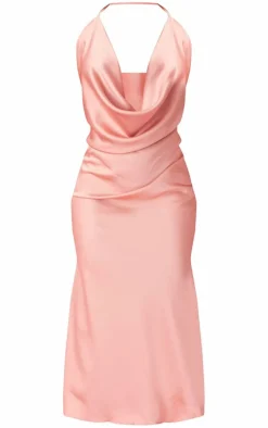 Rose Satin Extreme Cowl Halter Maxi Dress