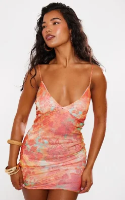 Rust Abstract Floral Mesh Shift Dress