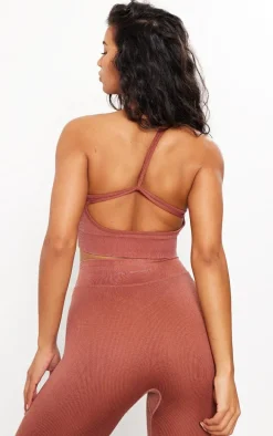 Rust Acid Wash Seamless Rib Strap Detail Sports Bra