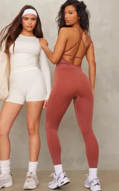 Rust Acid Wash Seamless Rib Strappy Long Unitard
