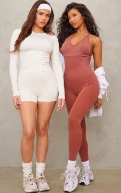 Rust Acid Wash Seamless Rib Strappy Long Unitard