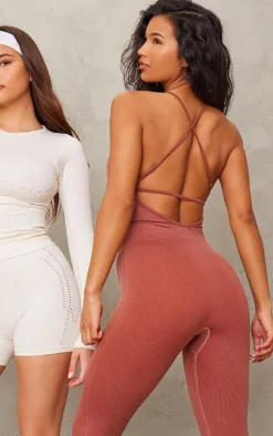 Rust Acid Wash Seamless Rib Strappy Long Unitard