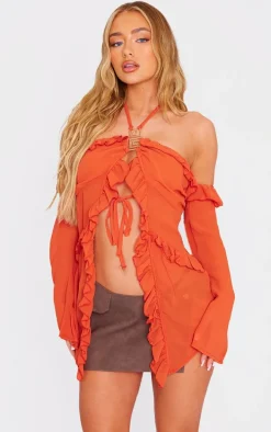 Rust Chiffon Frill Detail Hardware Detail Blouse