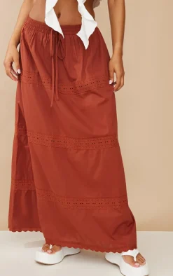 Rust Cotton Poplin Lace Detail Maxi Skirt
