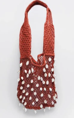 Rust Crochet Knit Shell Detail Beach Shopper Bag