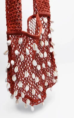 Rust Crochet Knit Shell Detail Beach Shopper Bag