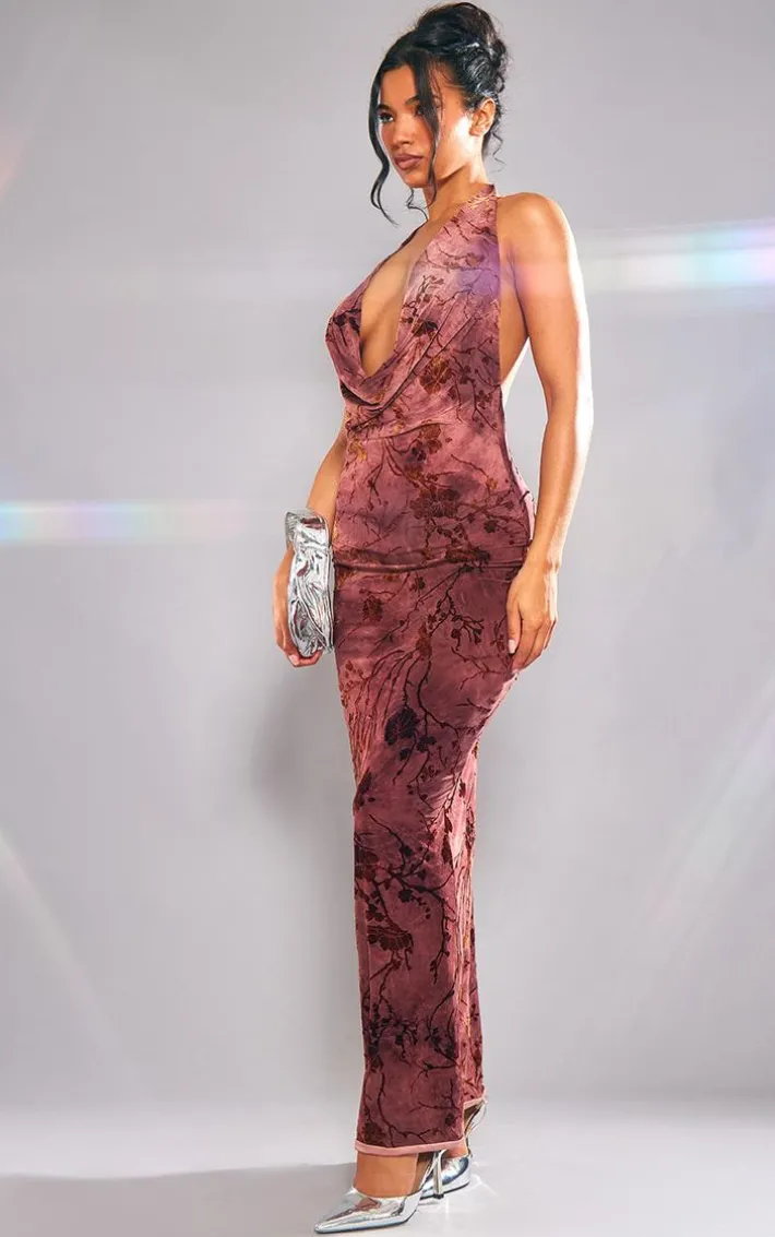 Rust Devore Soft Touch Plunge Maxi Dress