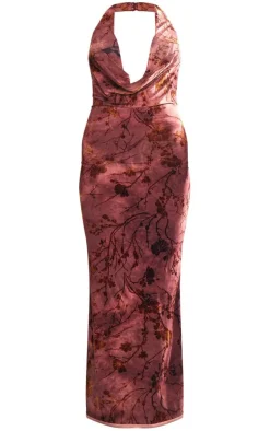 Rust Devore Soft Touch Plunge Maxi Dress