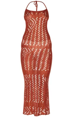 Rust Distressed Open Knit Maxi Dress