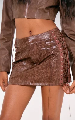 Rust Faux Leather Lace Up Detail Micro Mini Skirt