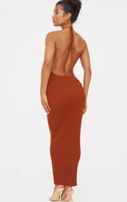 Rust Fine Knit Halterneck Maxi Dress