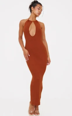 Rust Fine Knit Halterneck Maxi Dress
